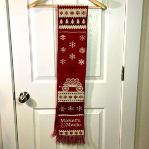 Maker’s Mark red / ivory holiday scarf with snowflakes trees & fringe trim